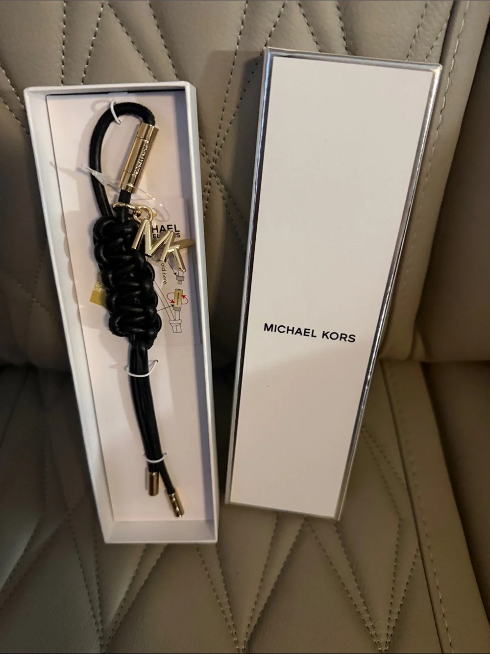 Michael Kors Black Braided Leather Key & Card Holder with Gold MK Charm